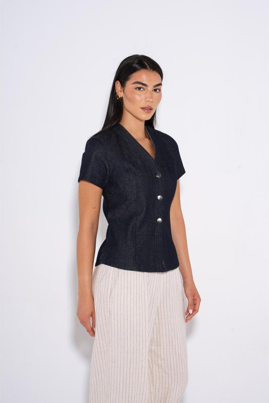 Cap Sleeve Tailored Shirt - Navy