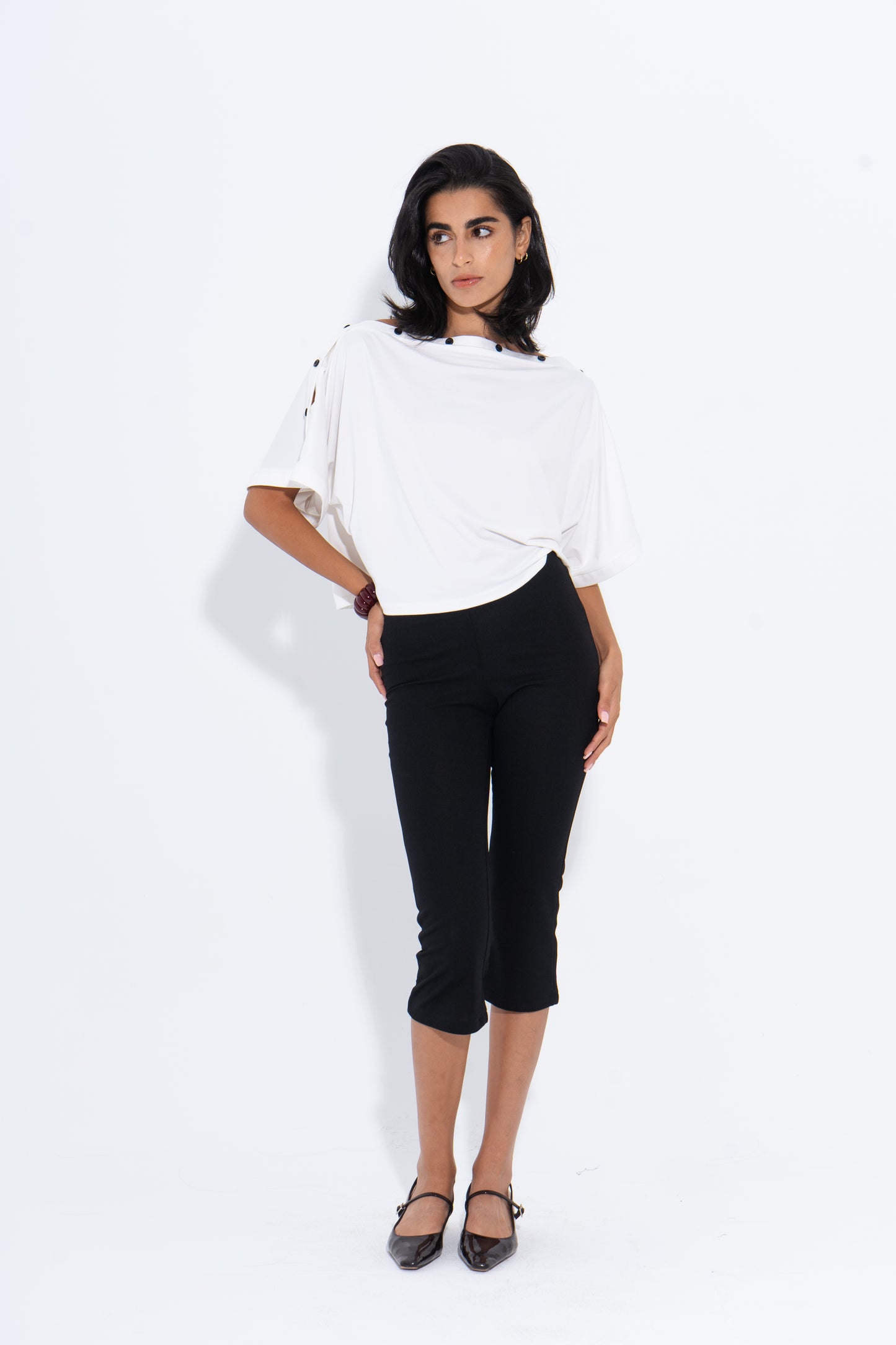 Adjustable Buttoned Shoulder Top - White