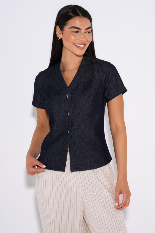 Cap Sleeve Tailored Shirt - Navy