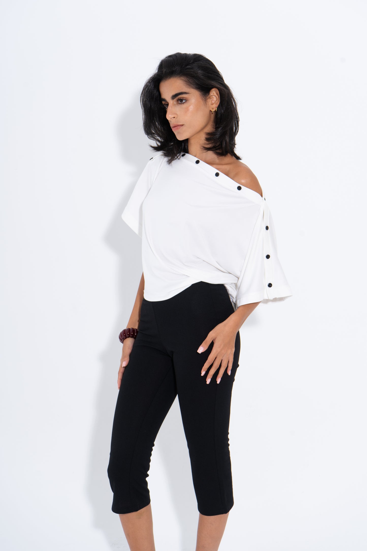 Adjustable Buttoned Shoulder Top - White