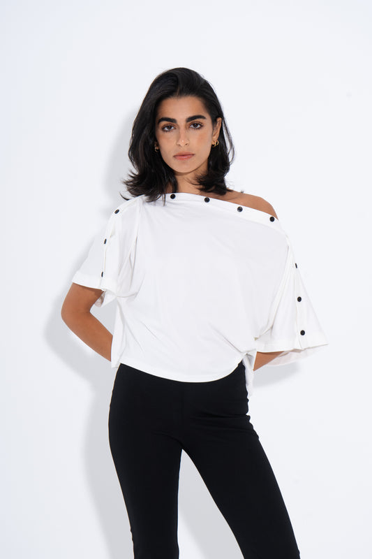 Adjustable Buttoned Shoulder Top - White
