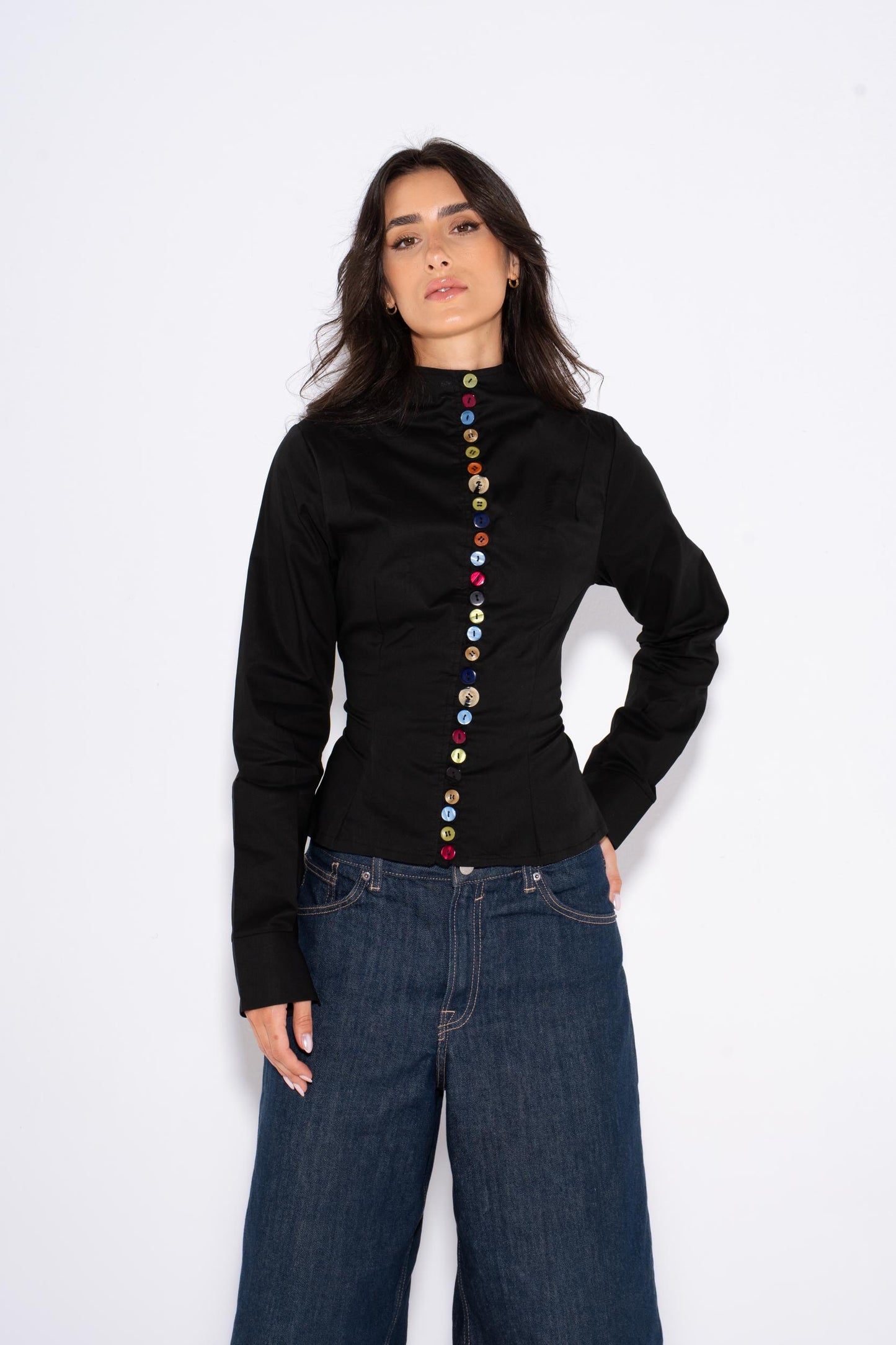 Colorful Long Sleeves Buttons Shirt - Black