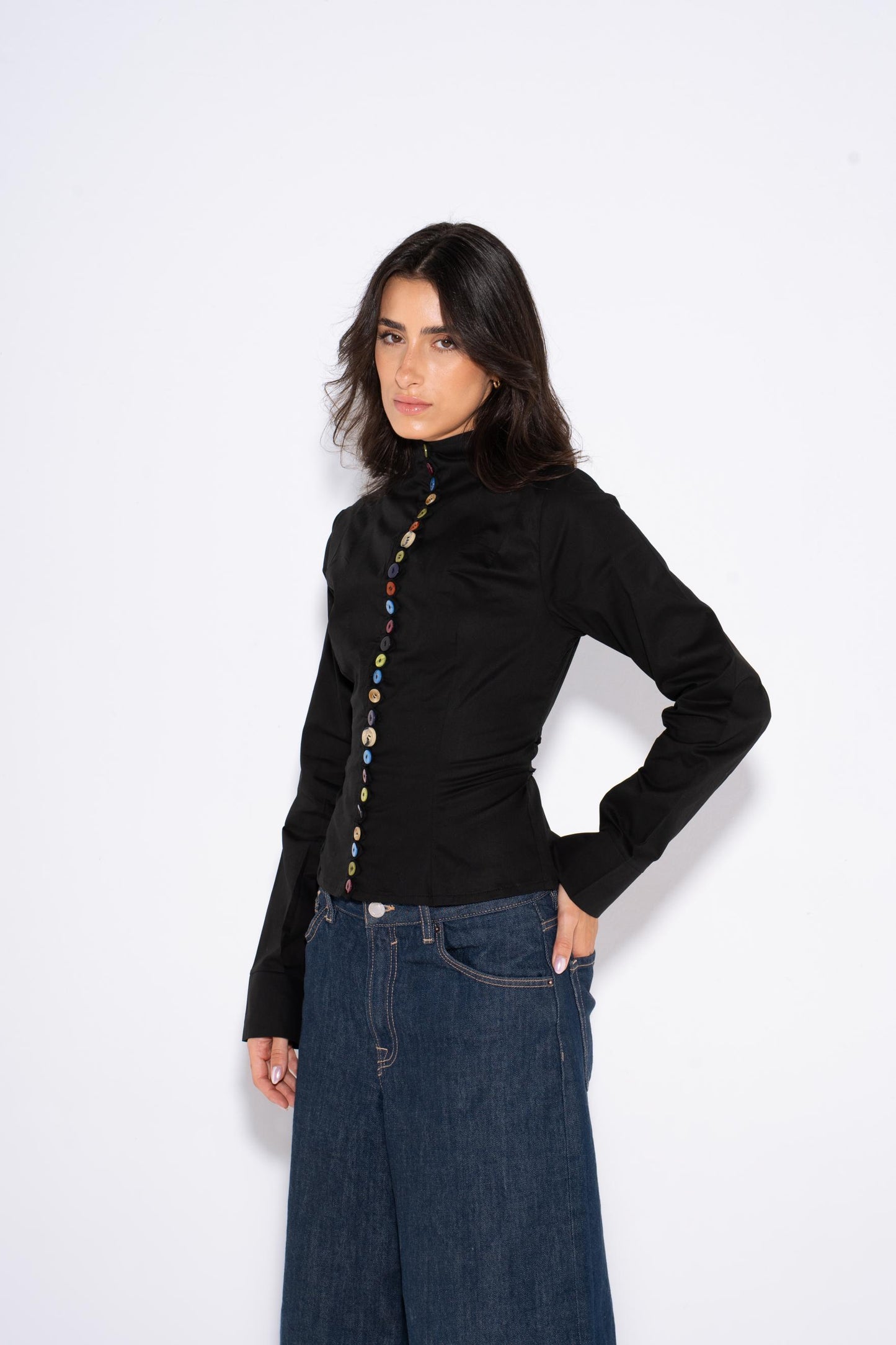 Colorful Long Sleeves Buttons Shirt - Black
