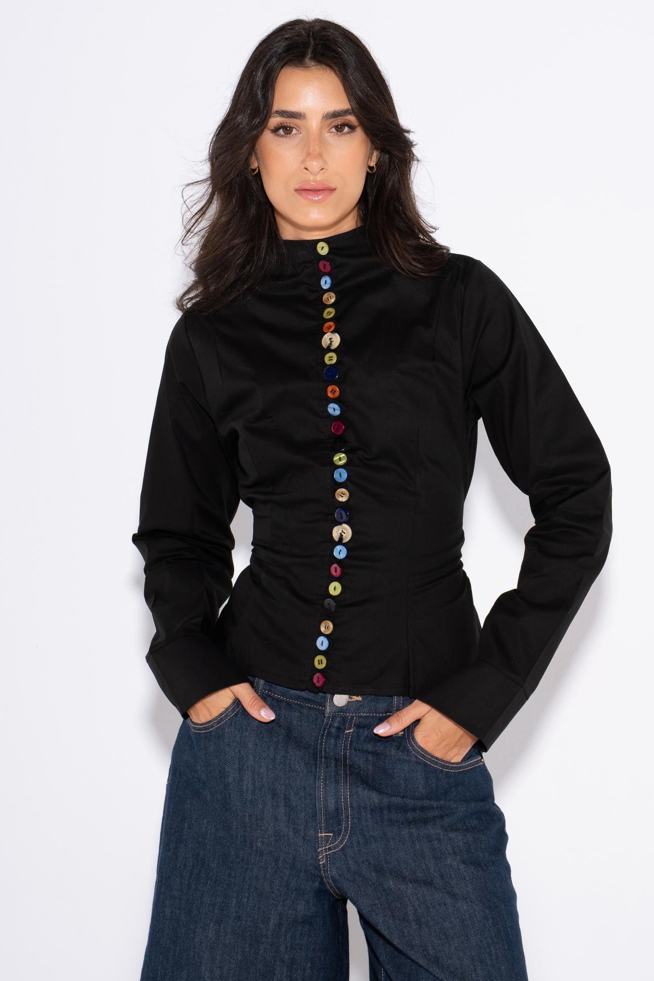 Colorful Long Sleeves Buttons Shirt - Black