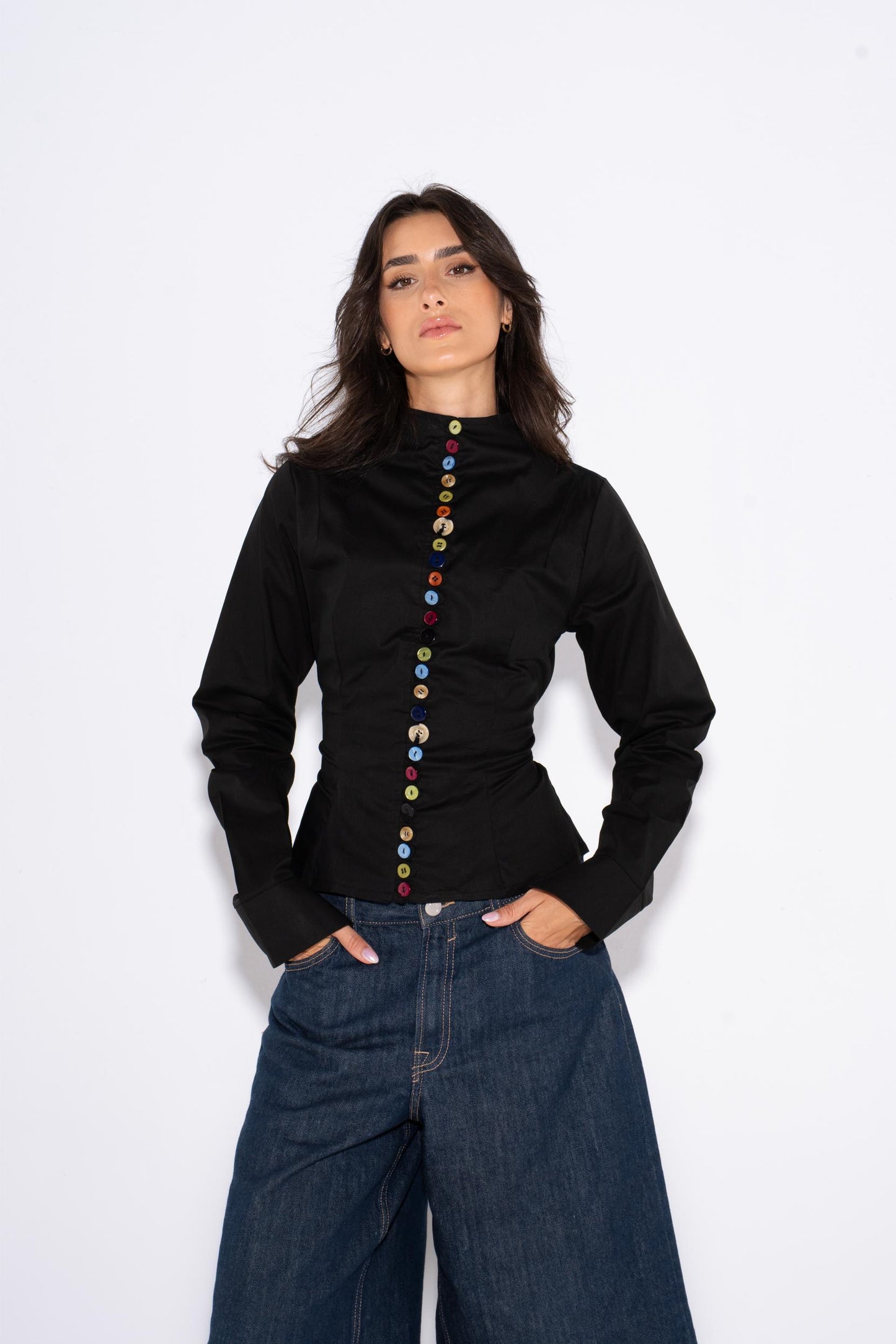Colorful Long Sleeves Buttons Shirt - Black