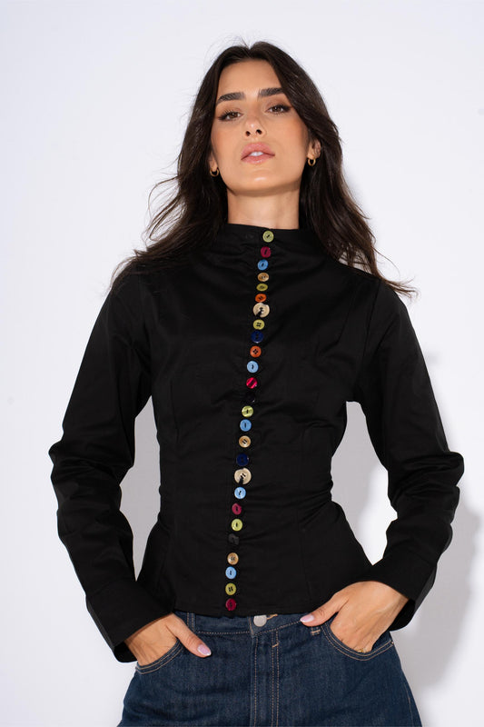 Colorful Long Sleeves Buttons Shirt - Black
