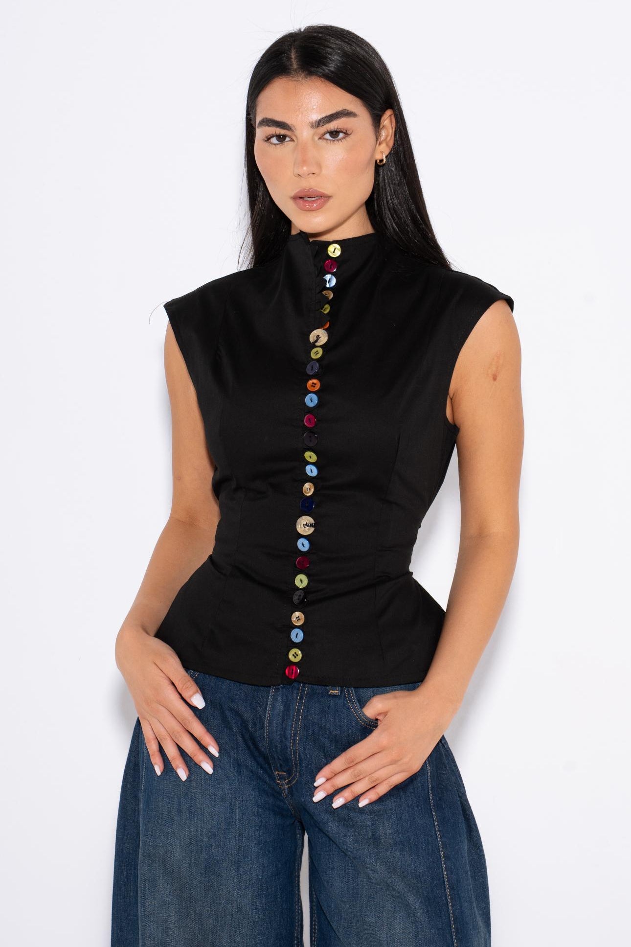 Colorful Sleeveless Buttons Shirt - Black