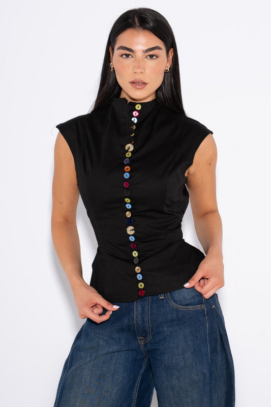 Colorful Sleeveless Buttons Shirt - Black