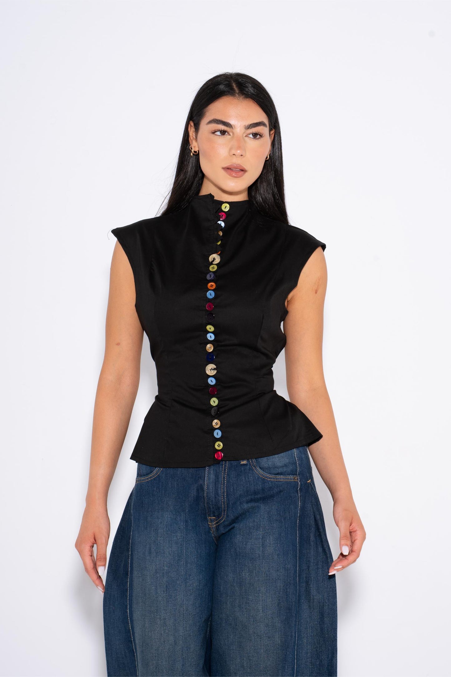 Colorful Sleeveless Buttons Shirt - Black
