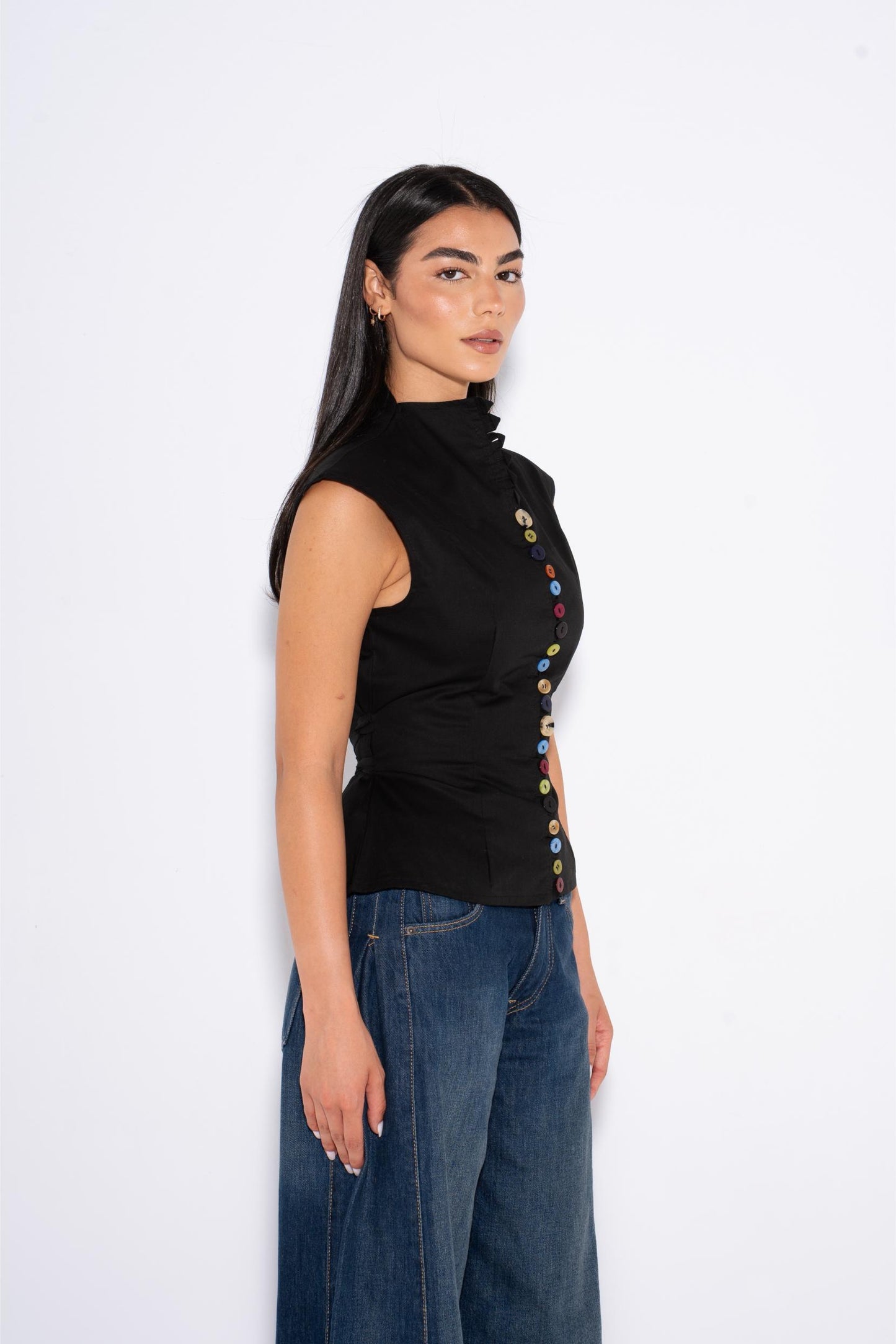 Colorful Sleeveless Buttons Shirt - Black