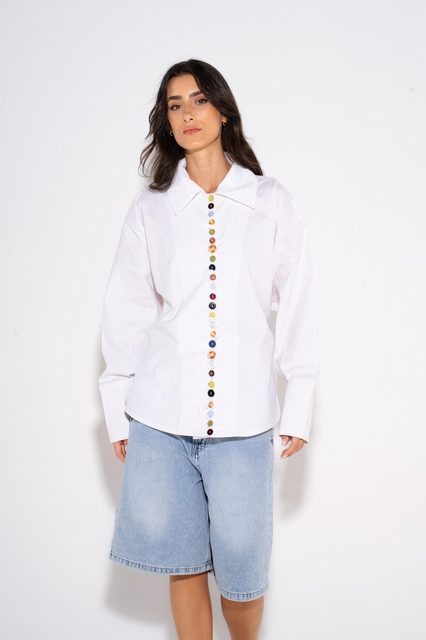 Colorful  Oversized Buttons Shirt - White