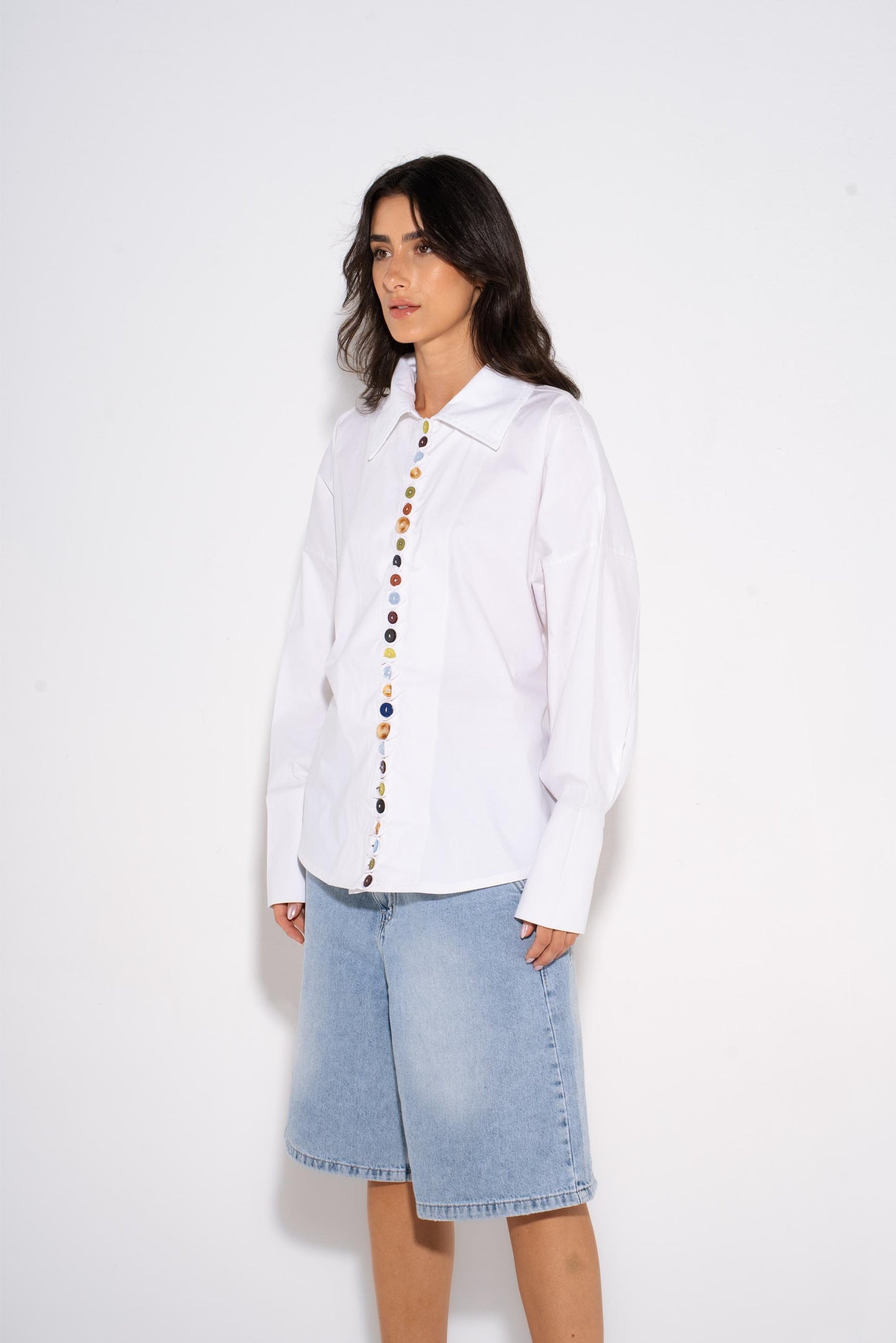 Colorful  Oversized Buttons Shirt - White