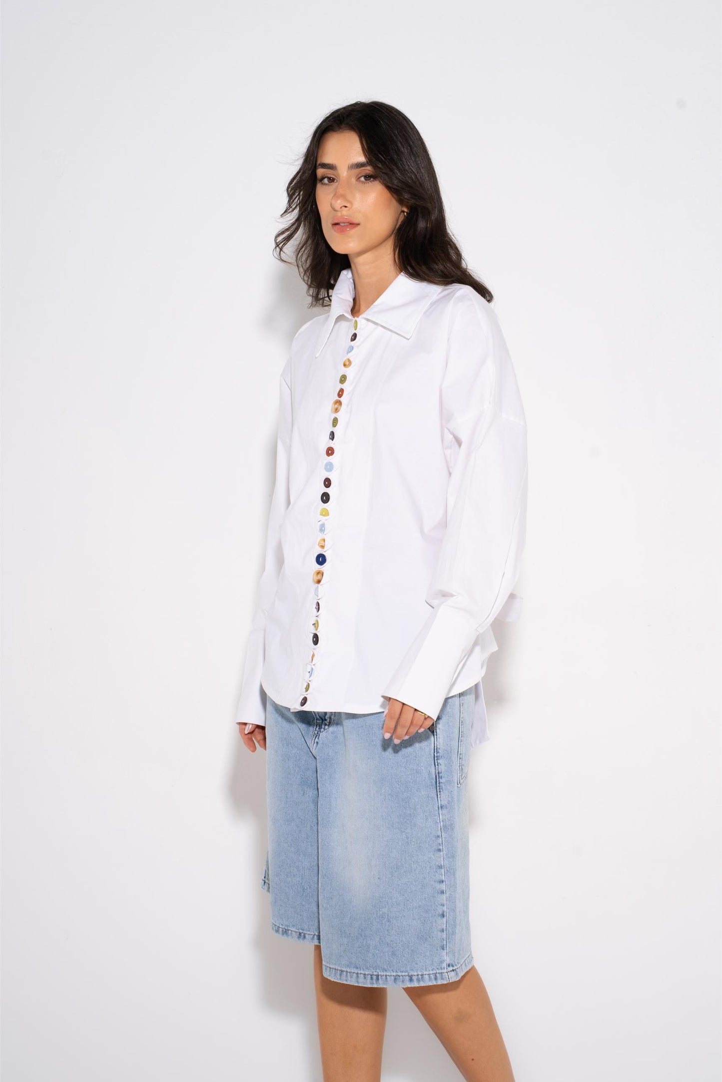 Colorful  Oversized Buttons Shirt - White
