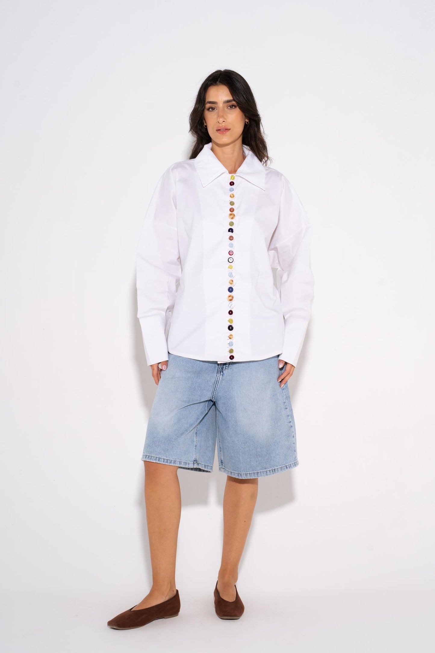 Colorful  Oversized Buttons Shirt - White