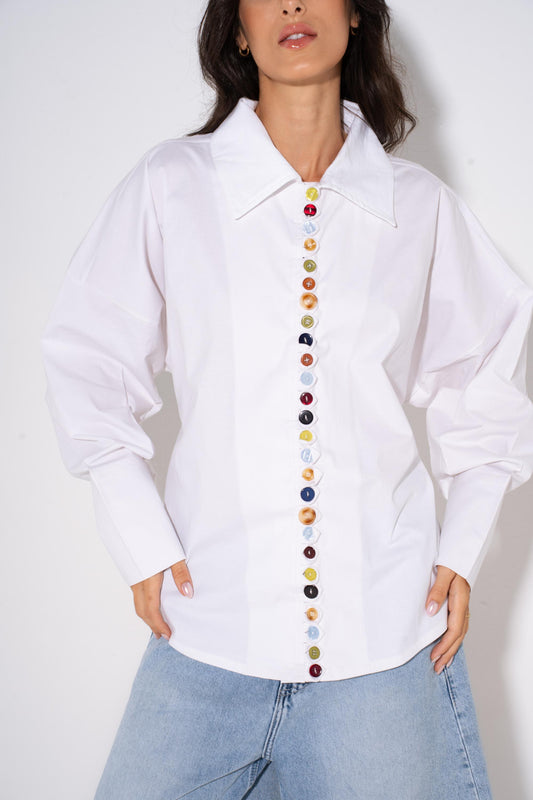 Colorful  Oversized Buttons Shirt - White