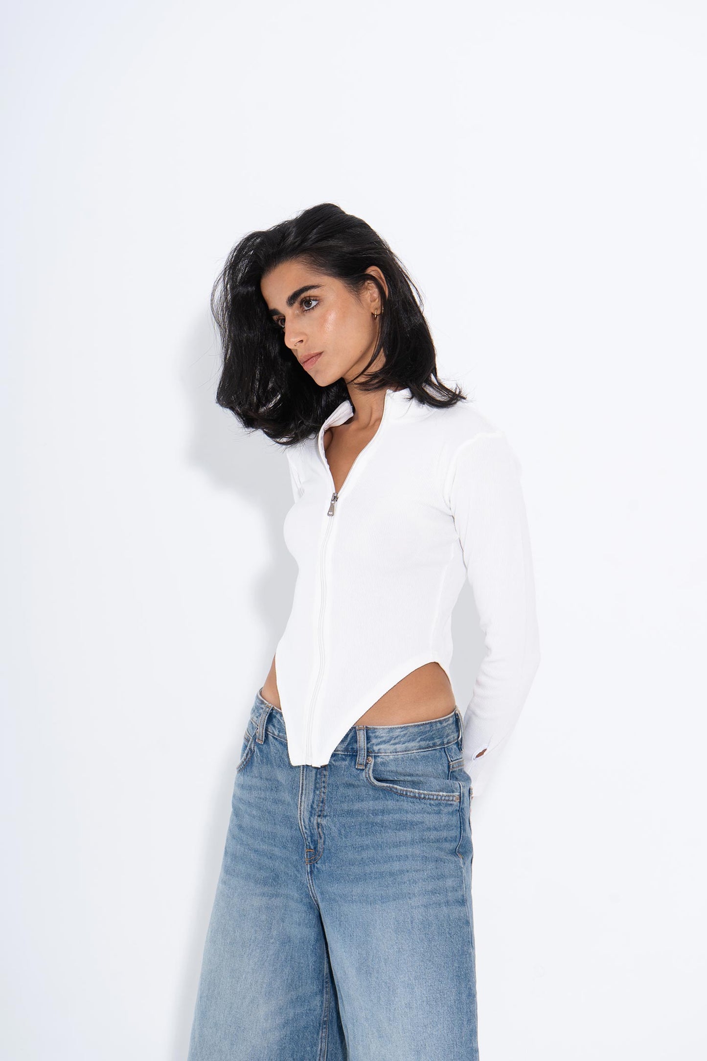 Zip-Up Long Sleeve Top - White