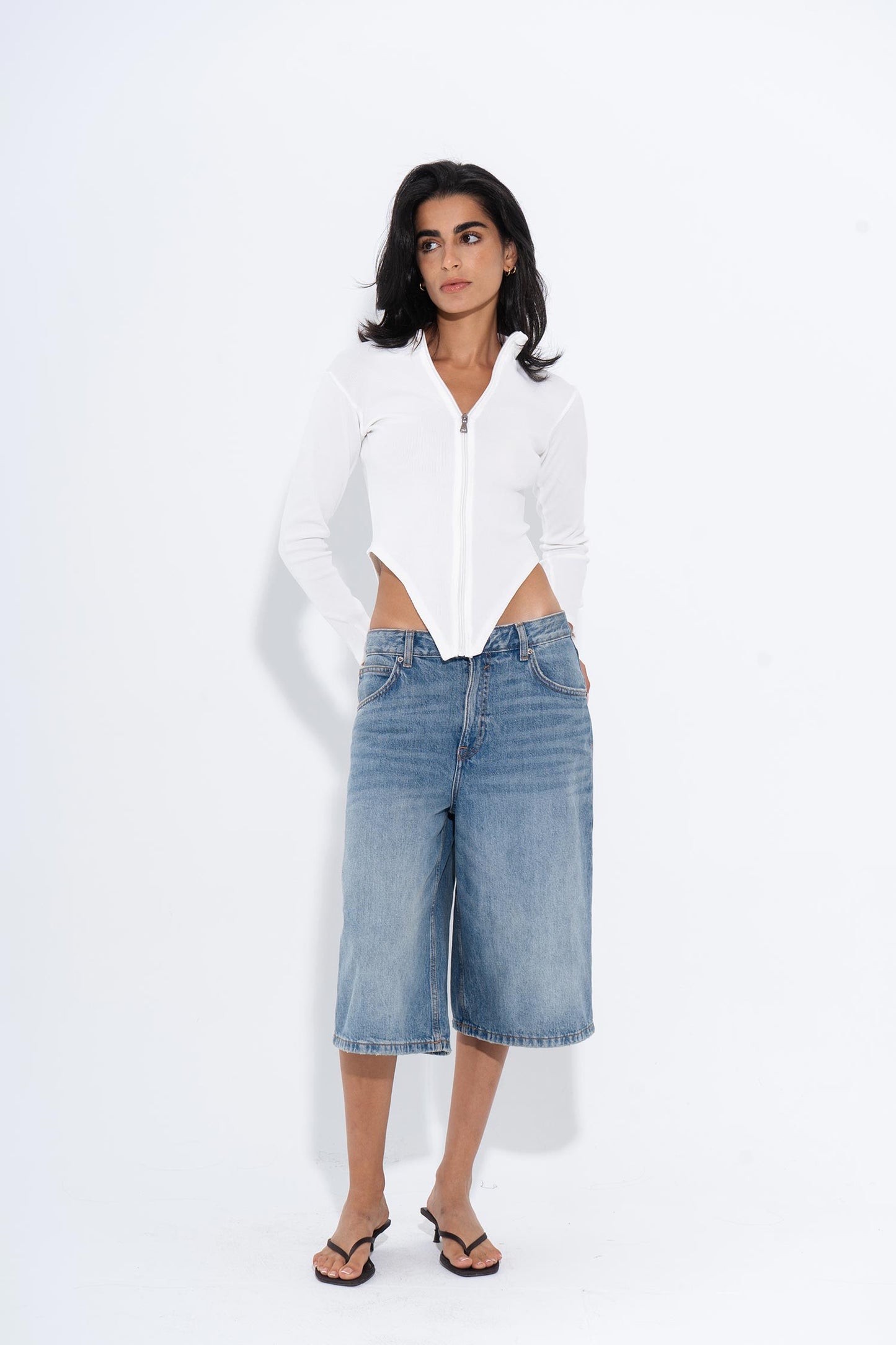 Zip-Up Long Sleeve Top - White