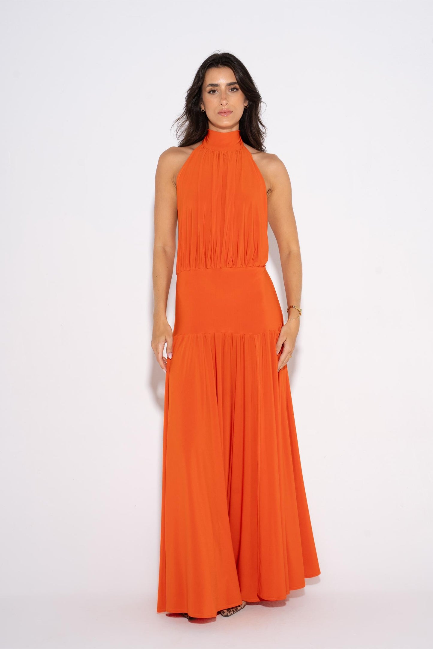 Pleated Tiered Dress - Orange