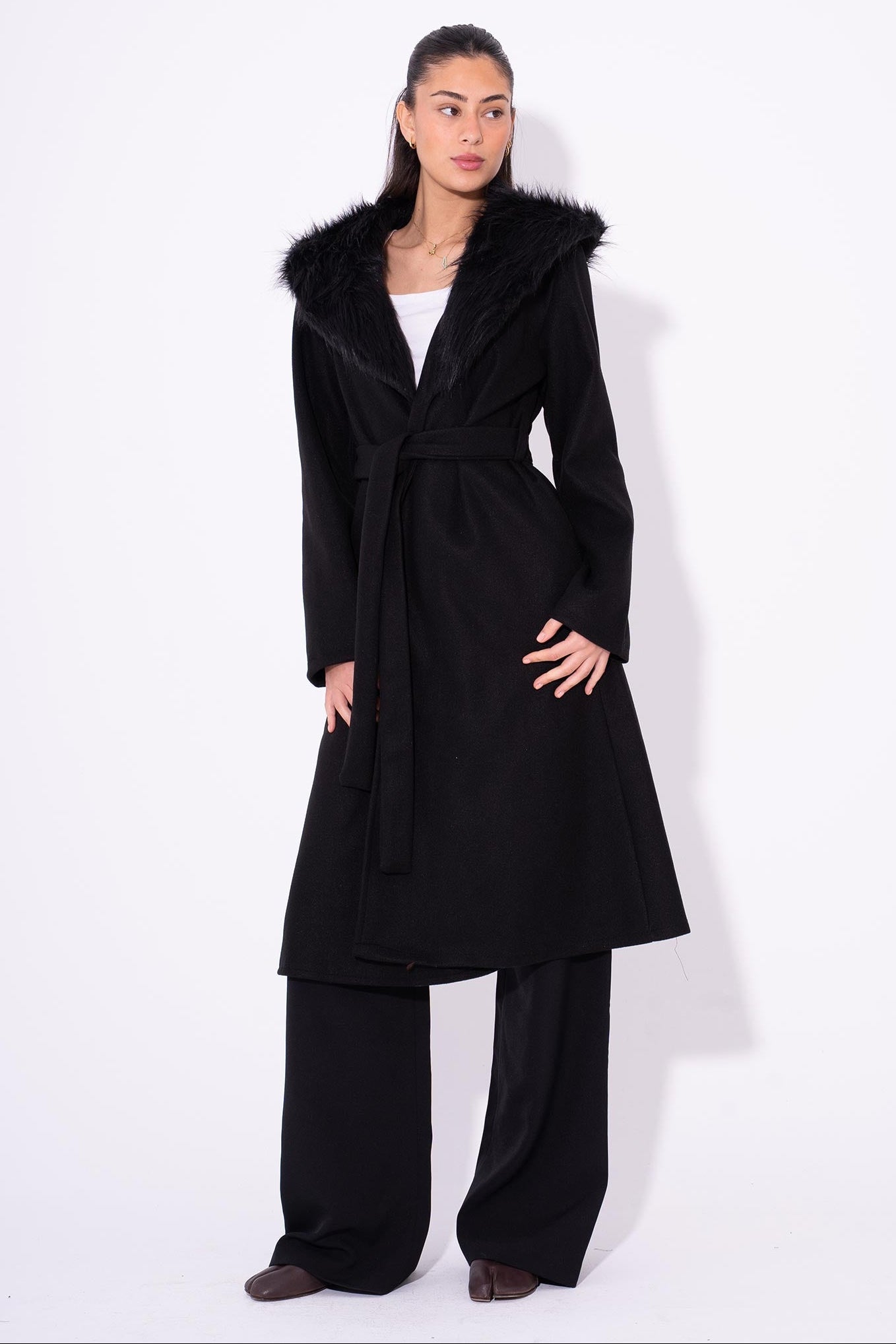 GlamFur Wool Coat - Black