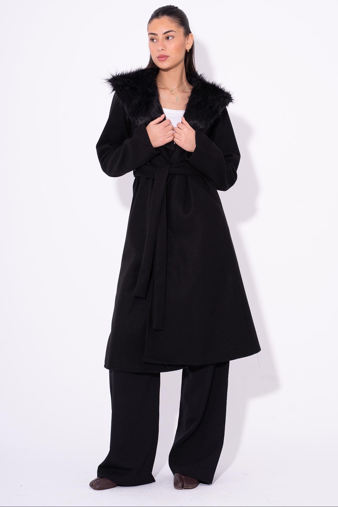 GlamFur Wool Coat - Black