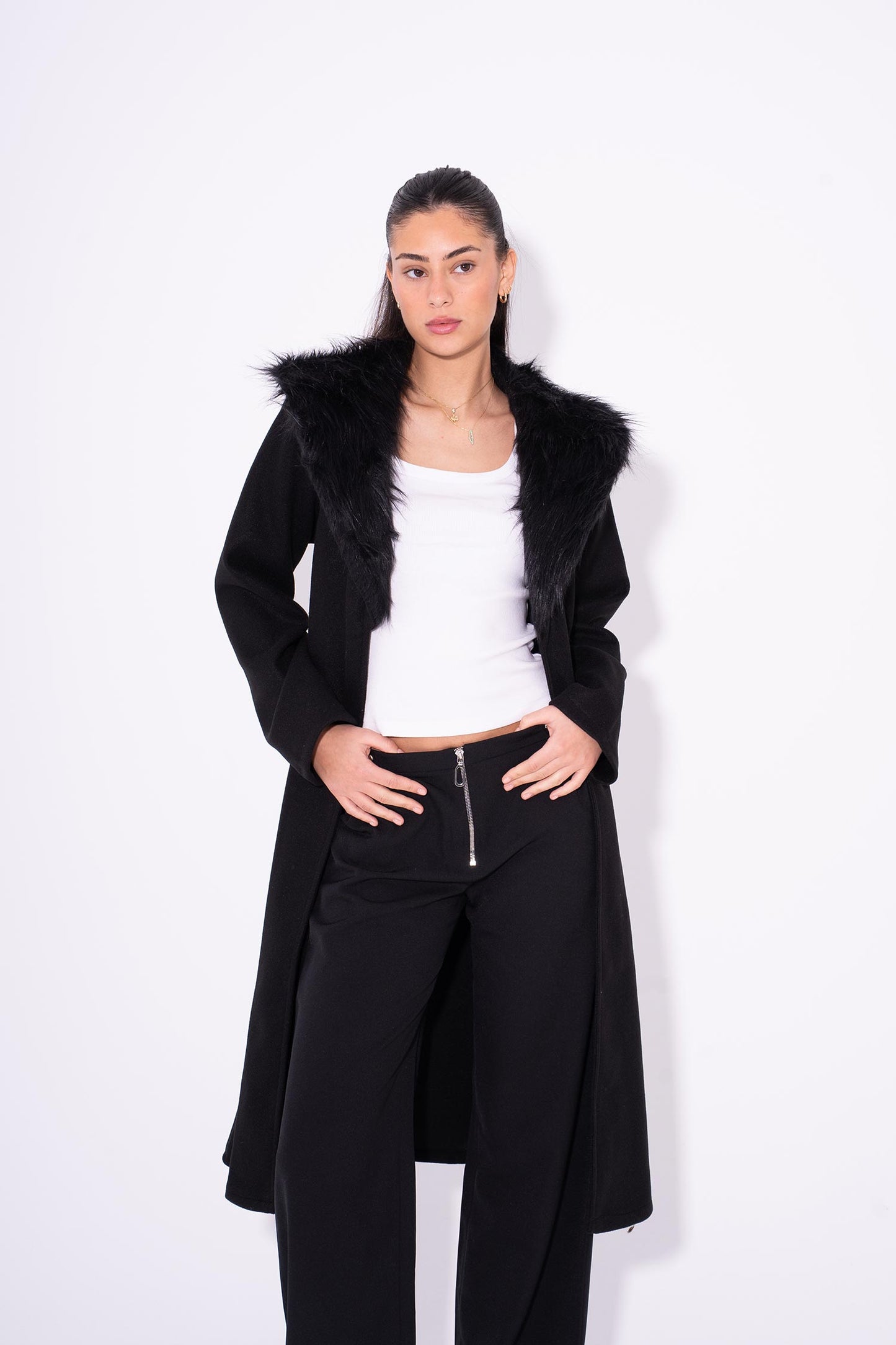 GlamFur Wool Coat - Black