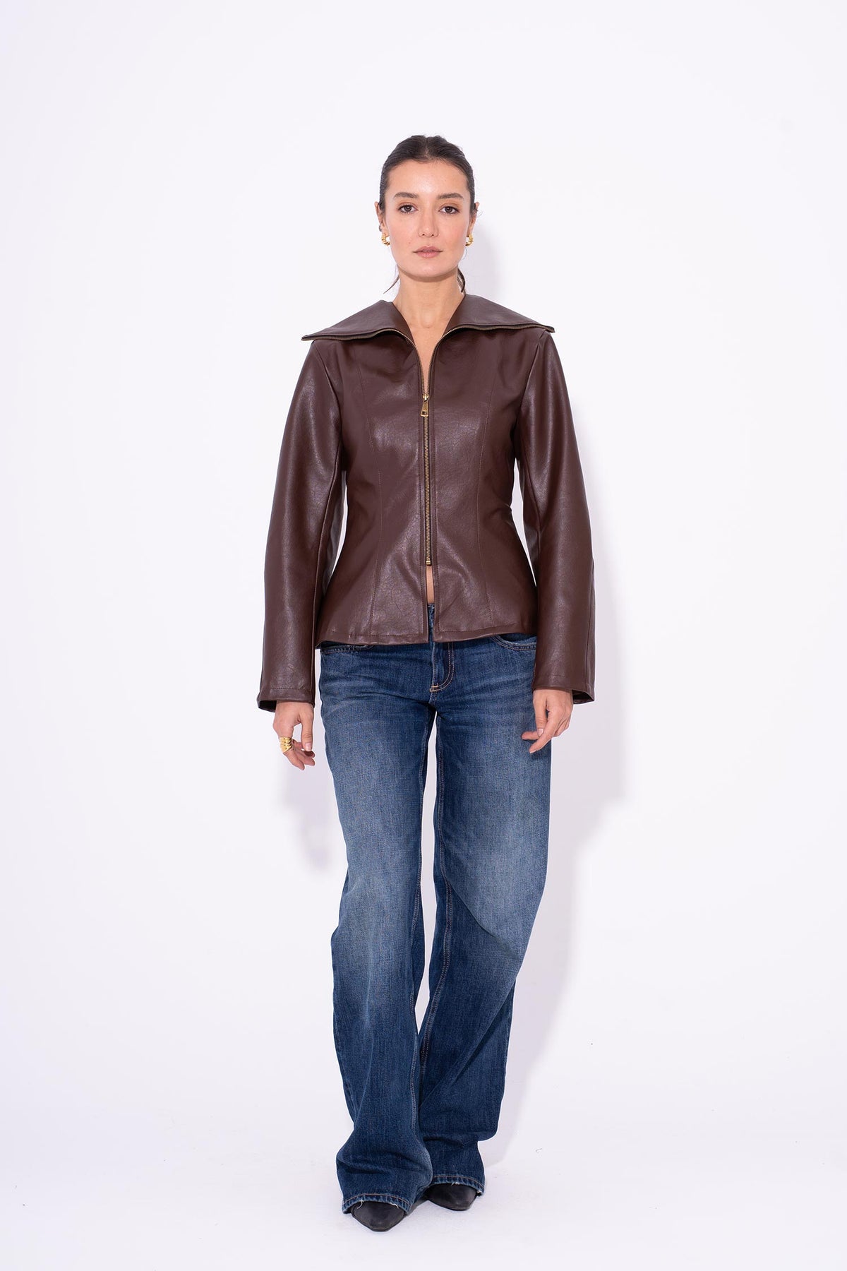 Leather Moto Zip Jacket - Brown