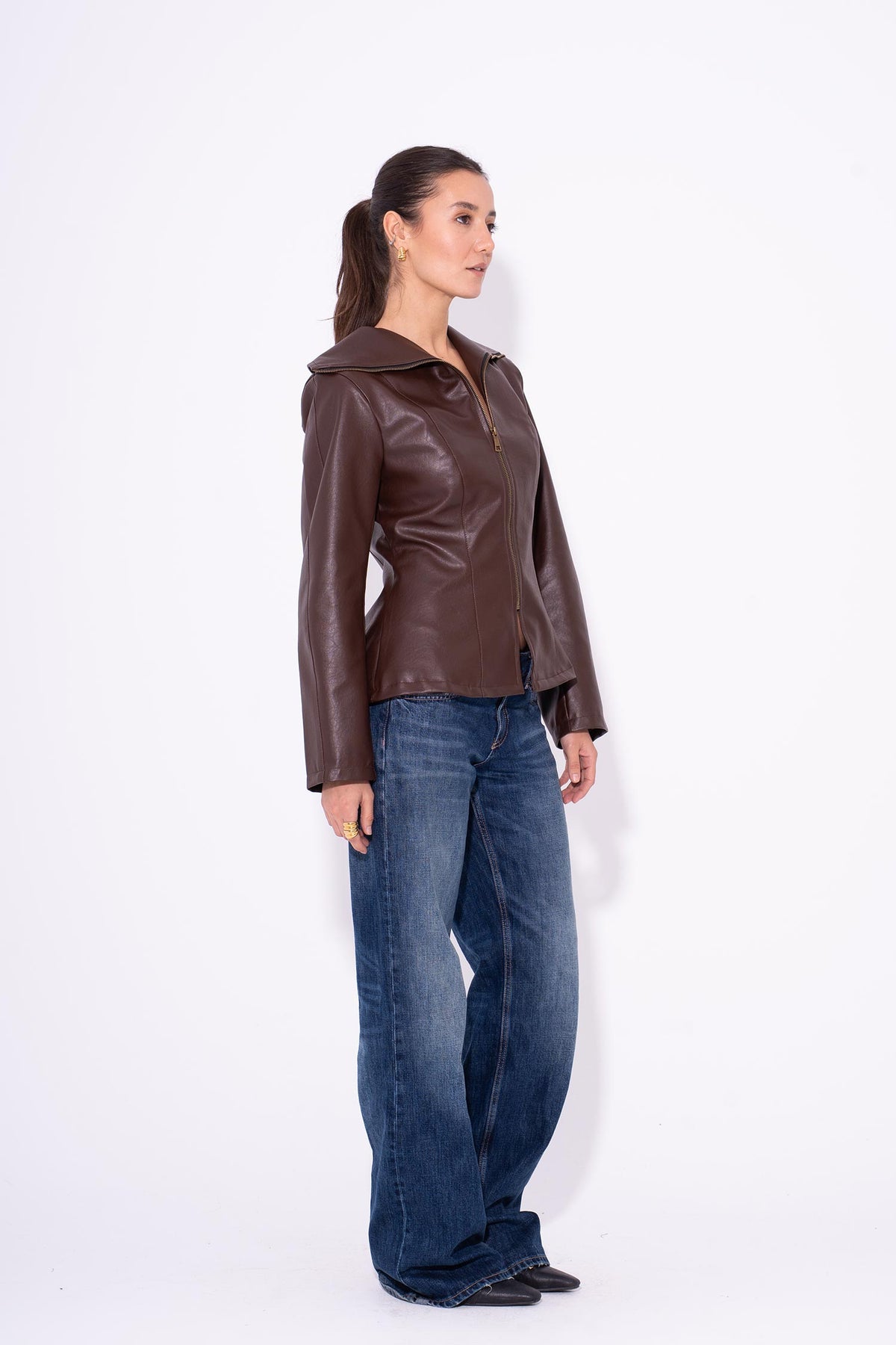 Leather Moto Zip Jacket - Brown