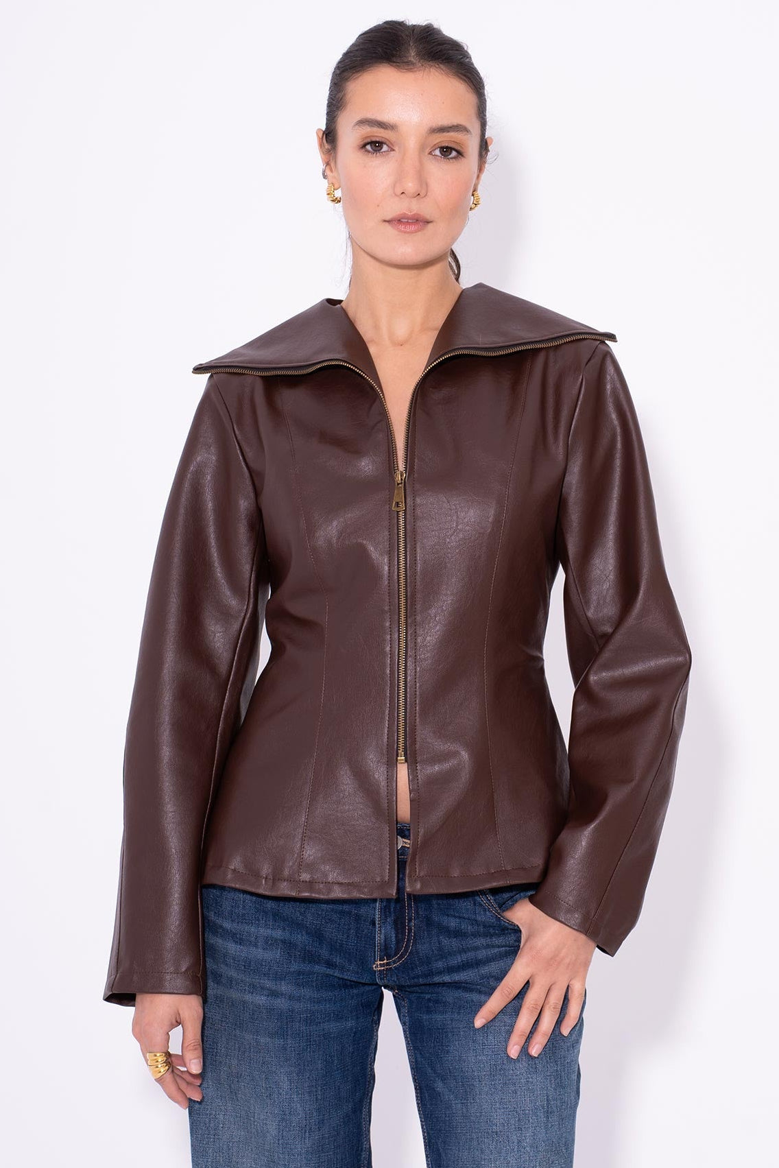 Leather Moto Zip Jacket - Brown