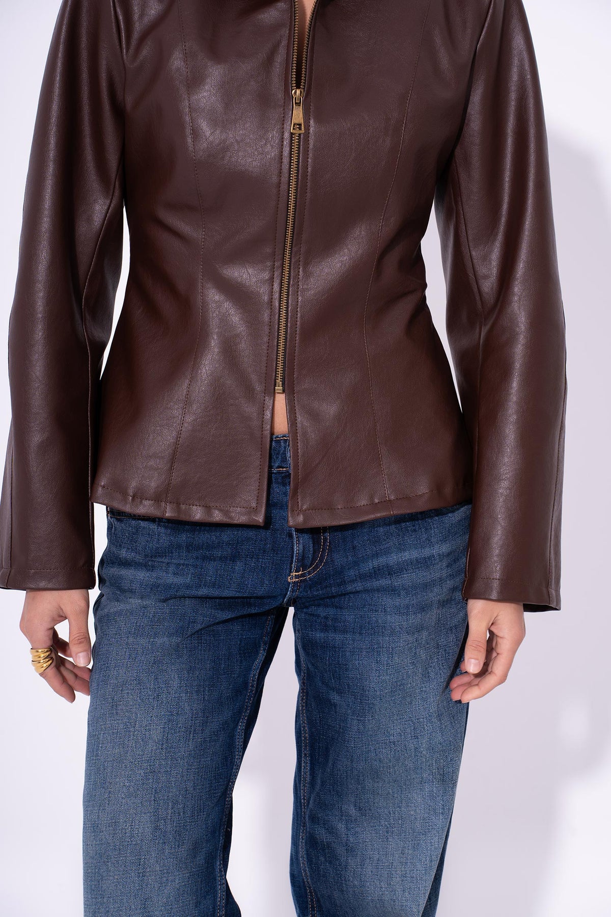 Leather Moto Zip Jacket - Brown