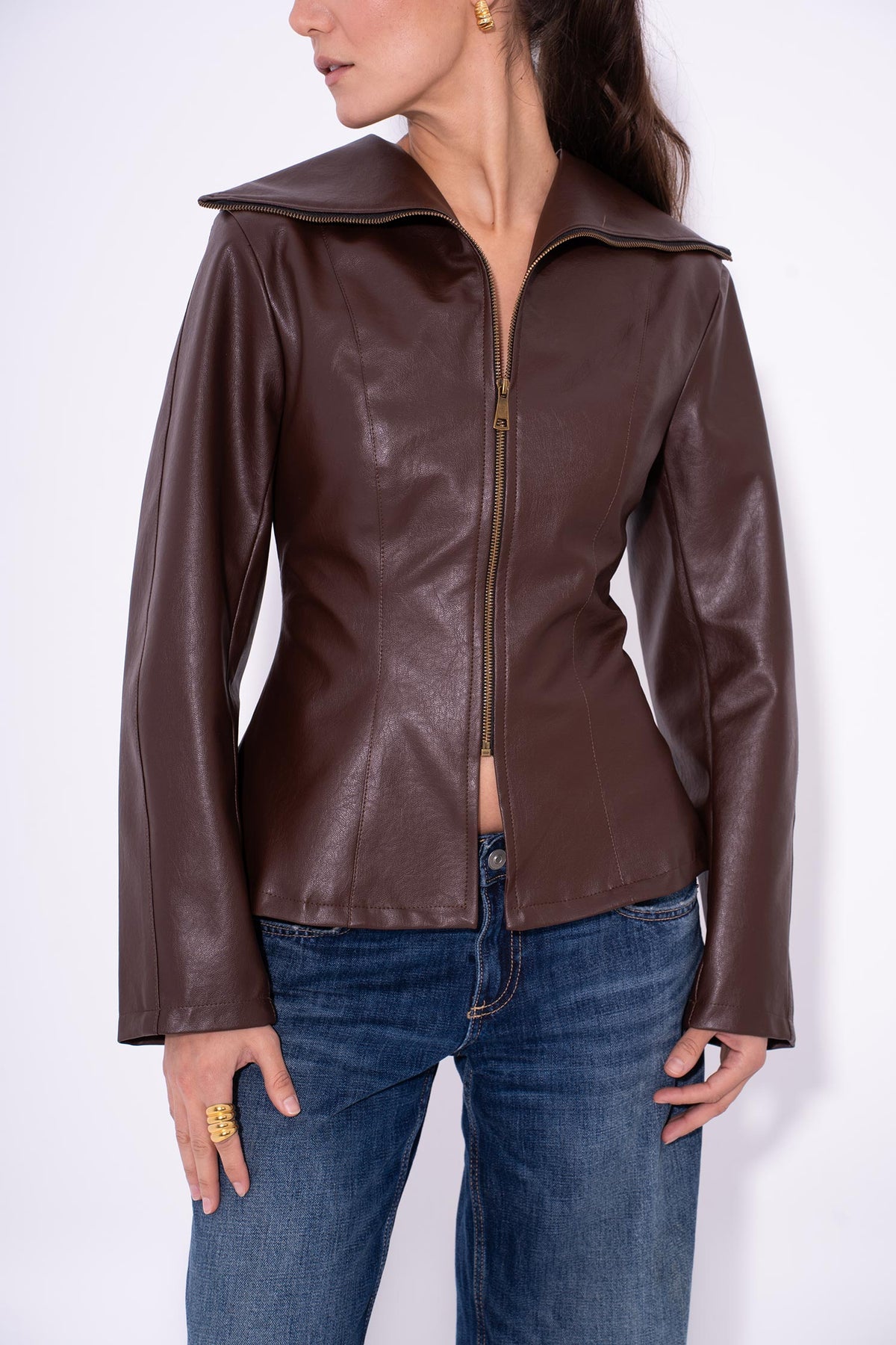 Leather Moto Zip Jacket - Brown