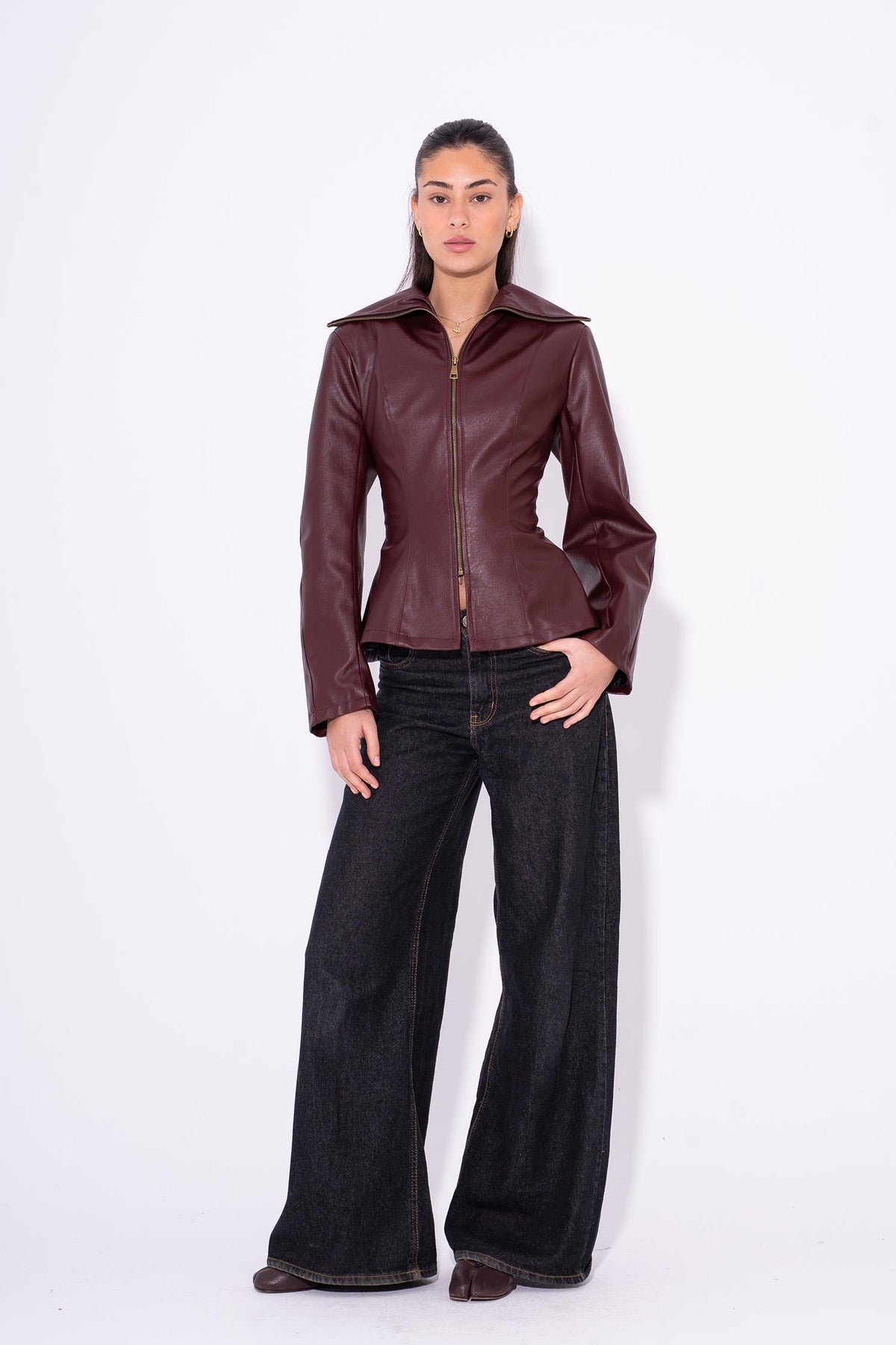 Leather Moto Zip Jacket - Burgundy