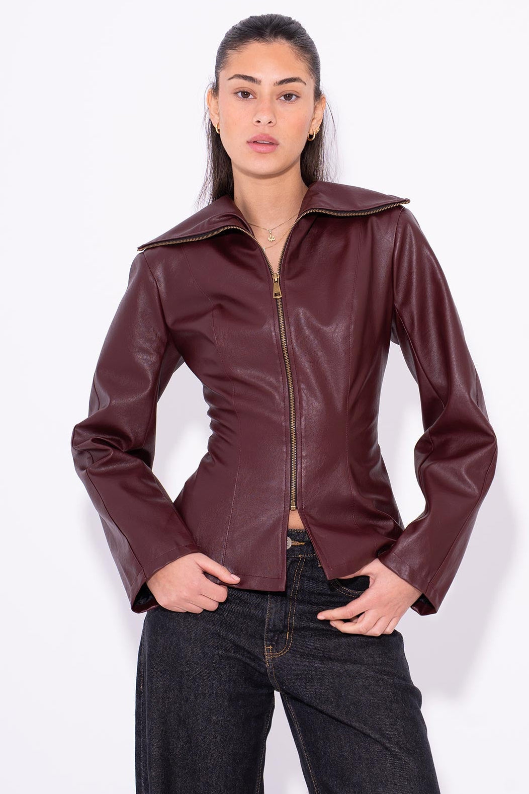 Leather Moto Zip Jacket - Burgundy