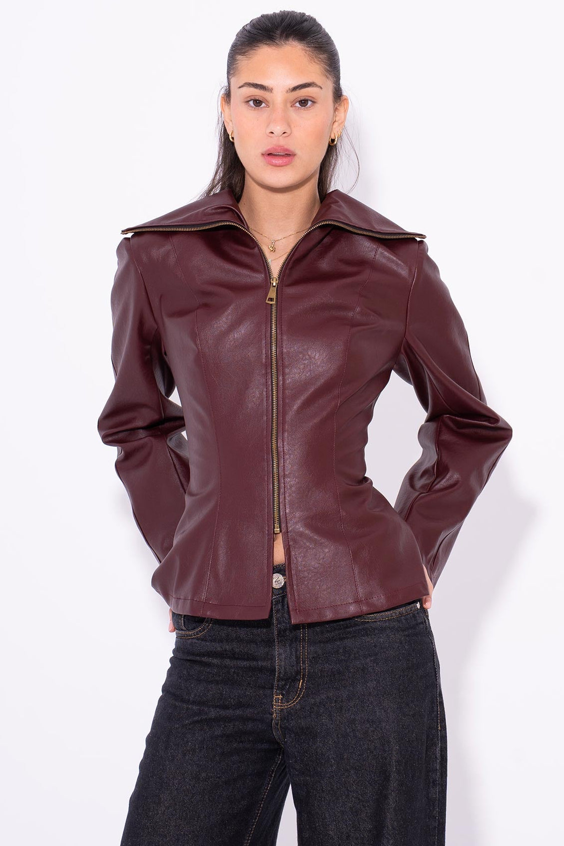 Leather Moto Zip Jacket - Burgundy