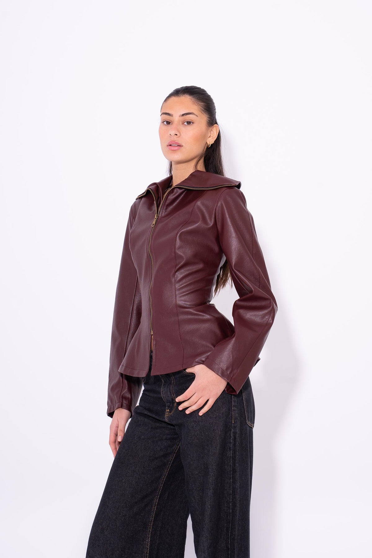 Leather Moto Zip Jacket - Burgundy