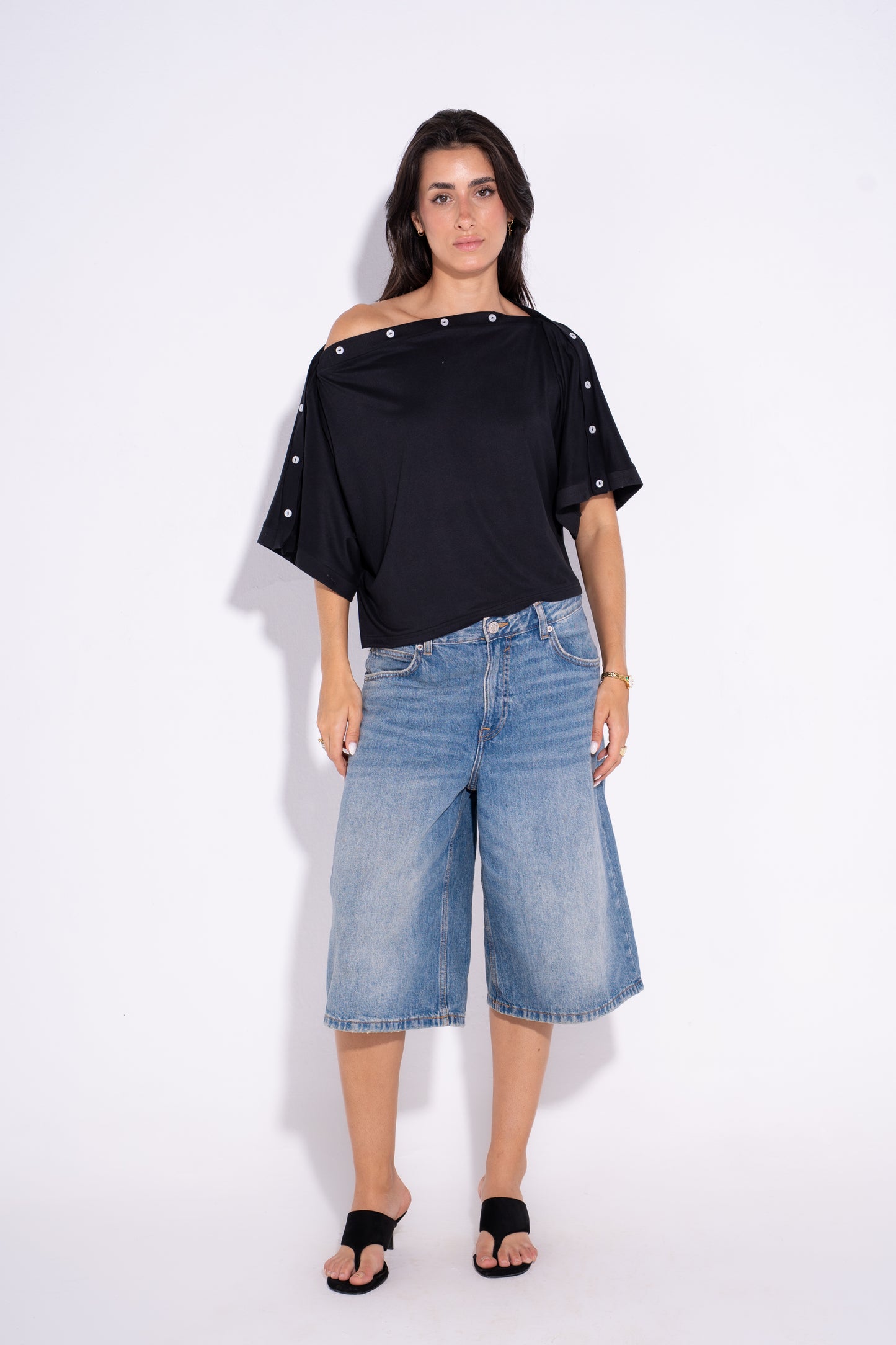 Adjustable Buttoned Shoulder Top - Black