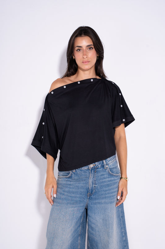 Adjustable Buttoned Shoulder Top - Black