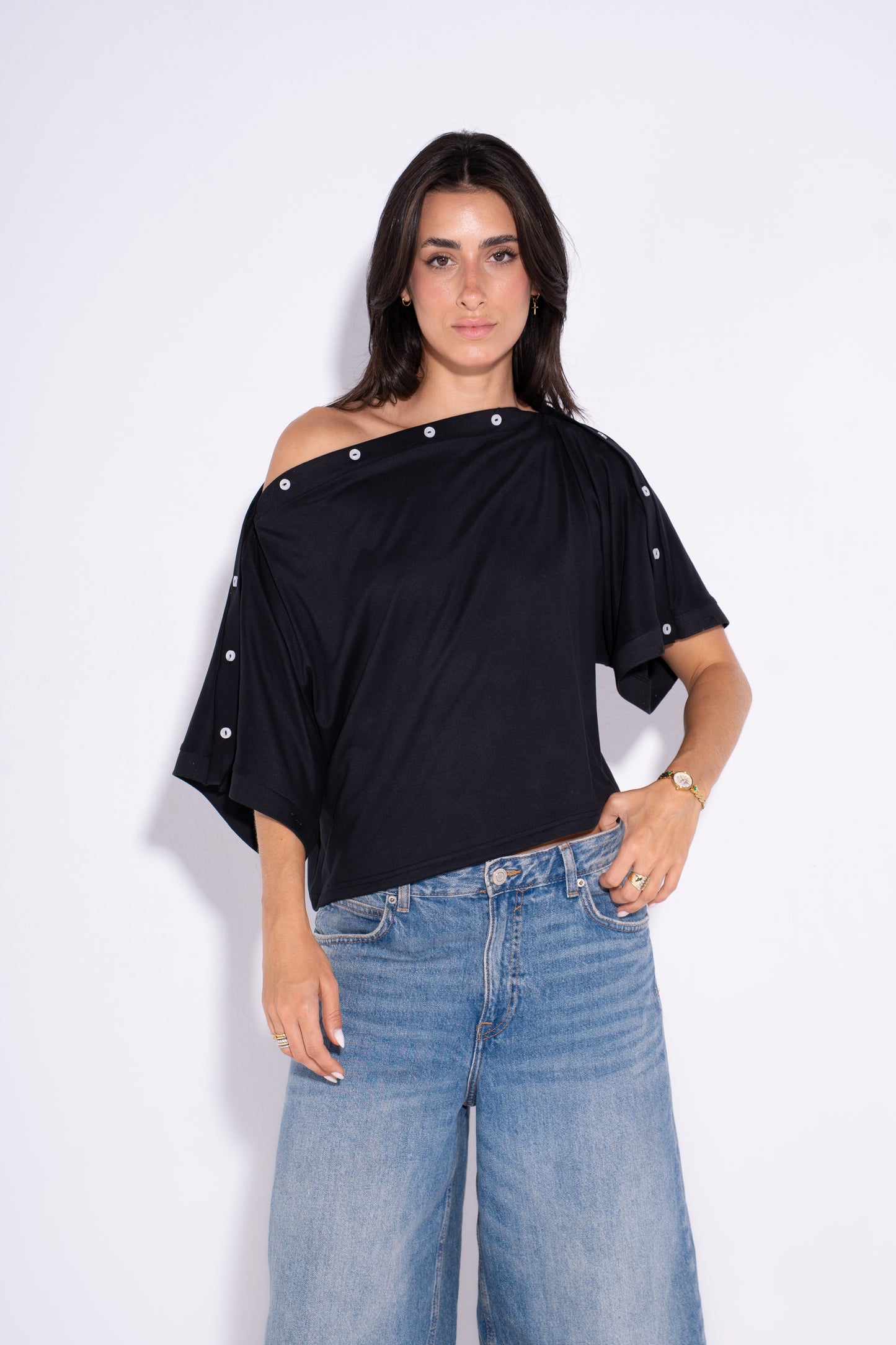 Adjustable Buttoned Shoulder Top - Black