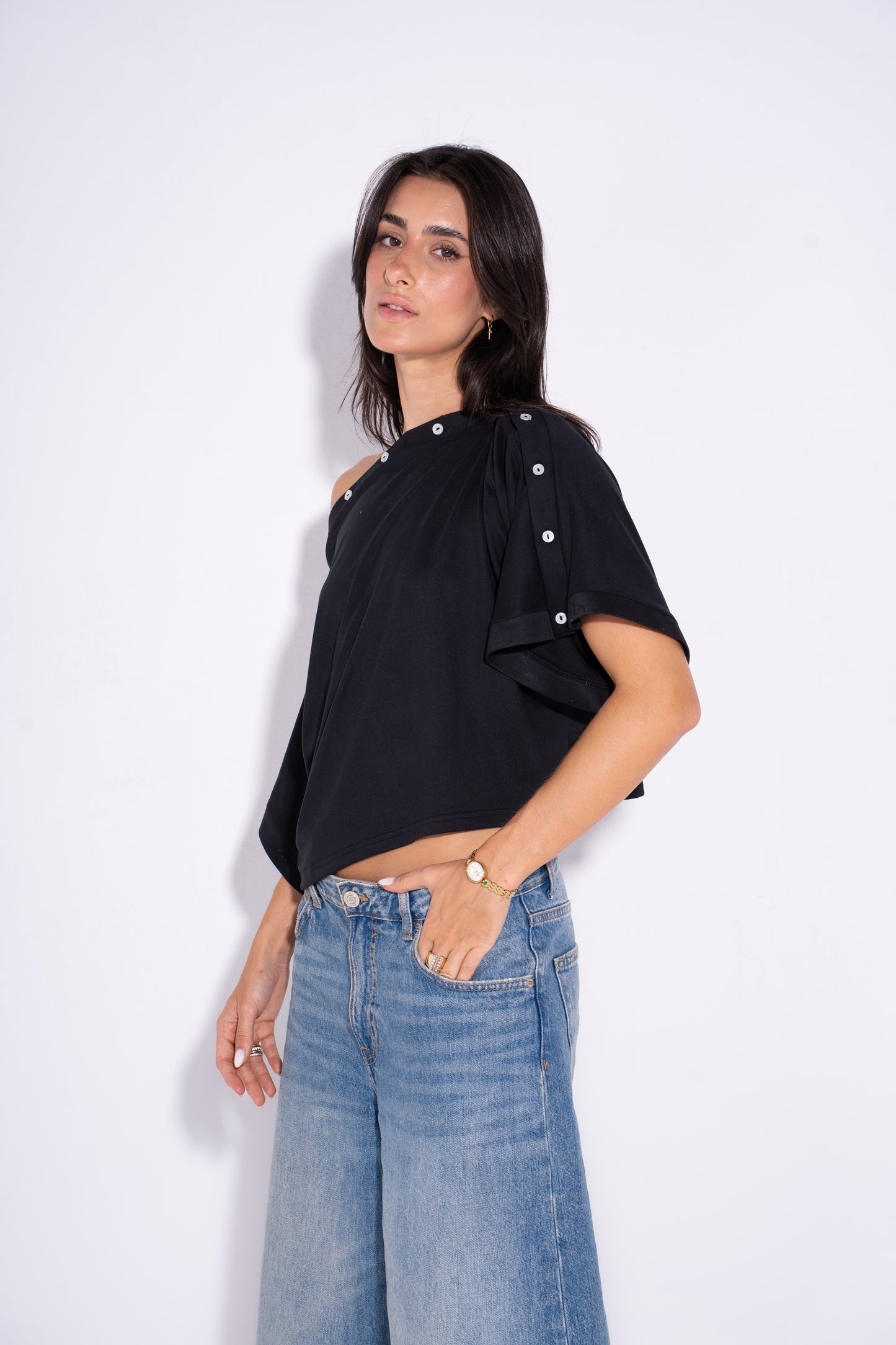 Adjustable Buttoned Shoulder Top - Black