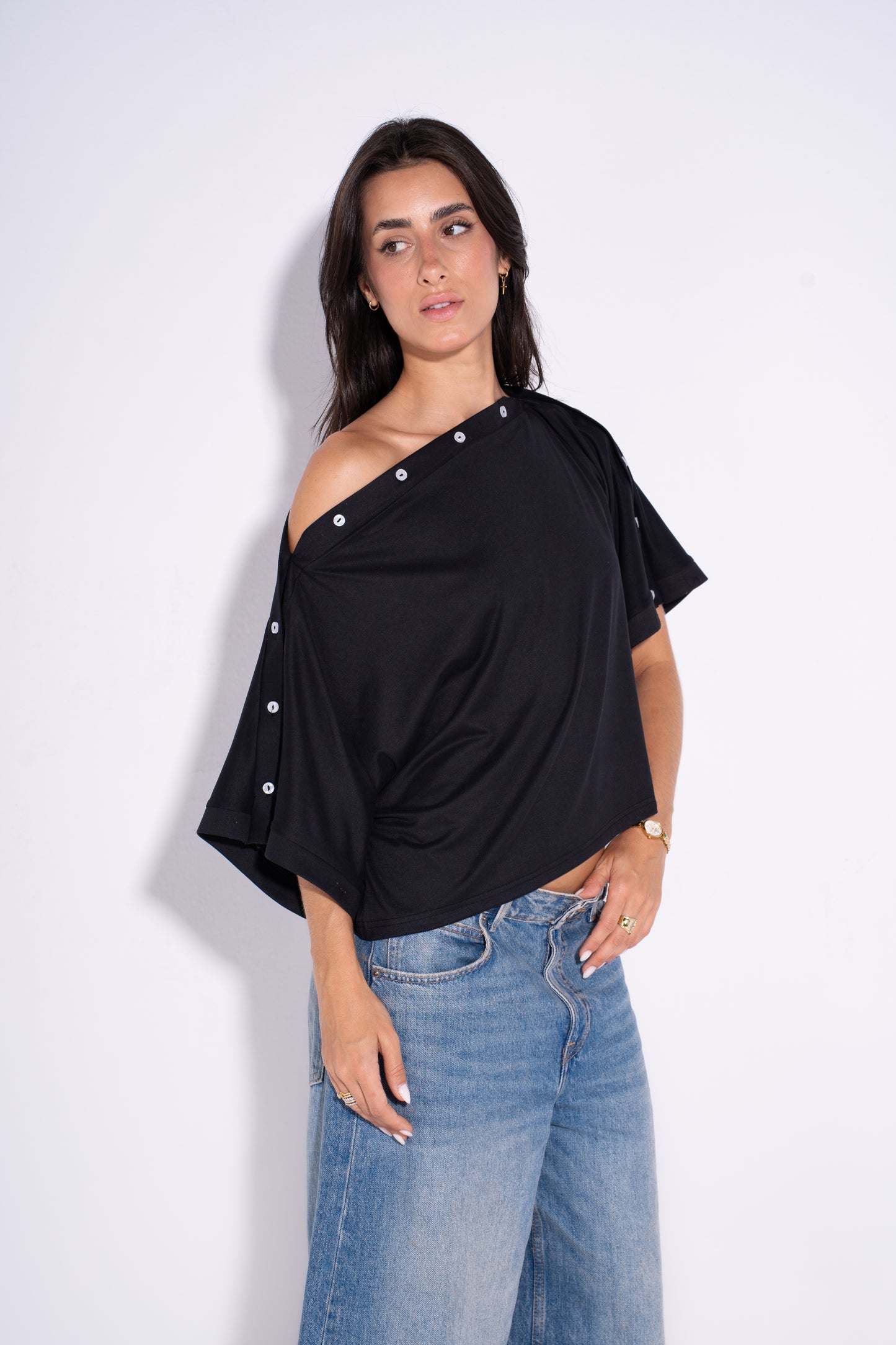 Adjustable Buttoned Shoulder Top - Black