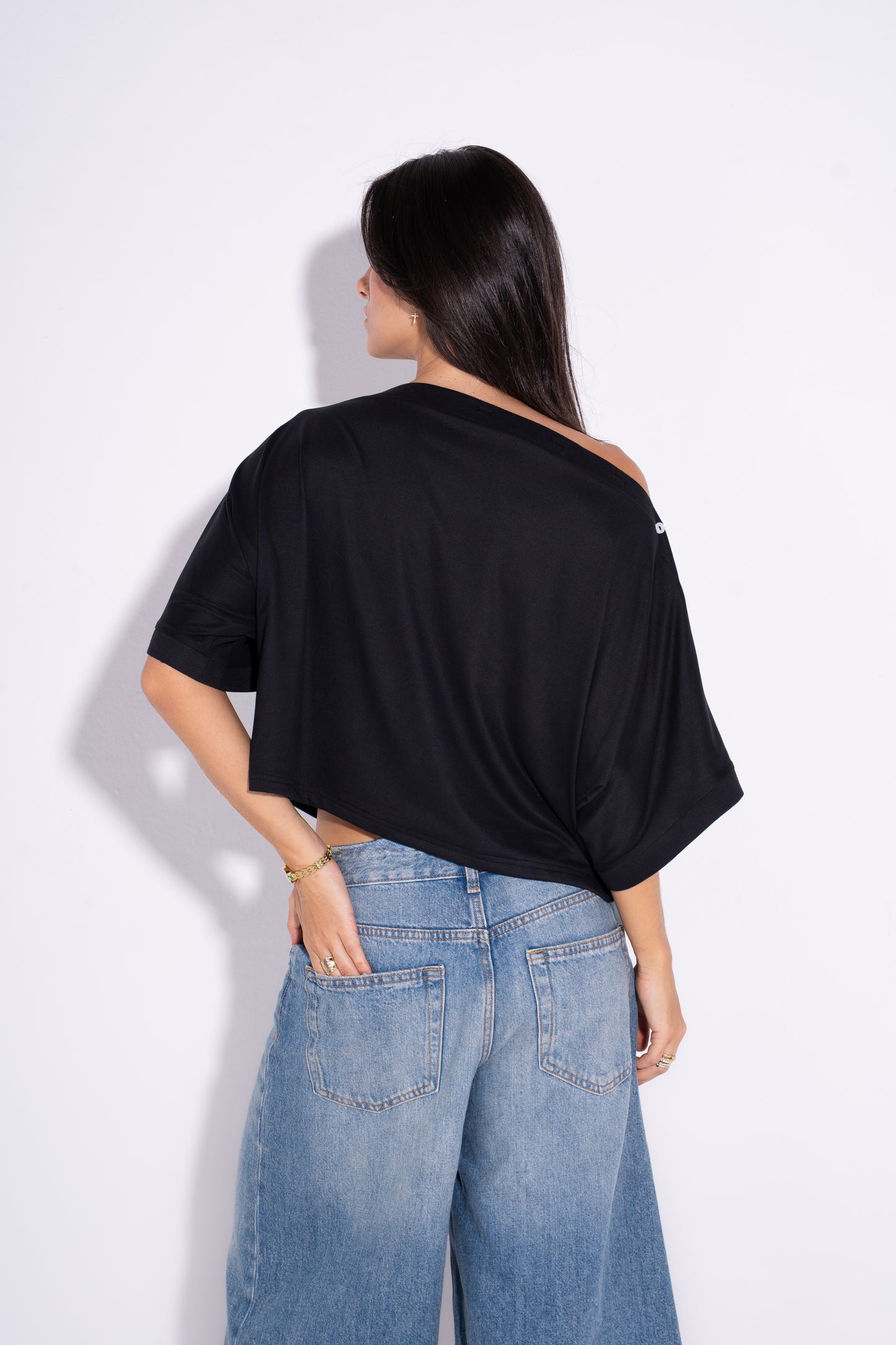 Adjustable Buttoned Shoulder Top - Black