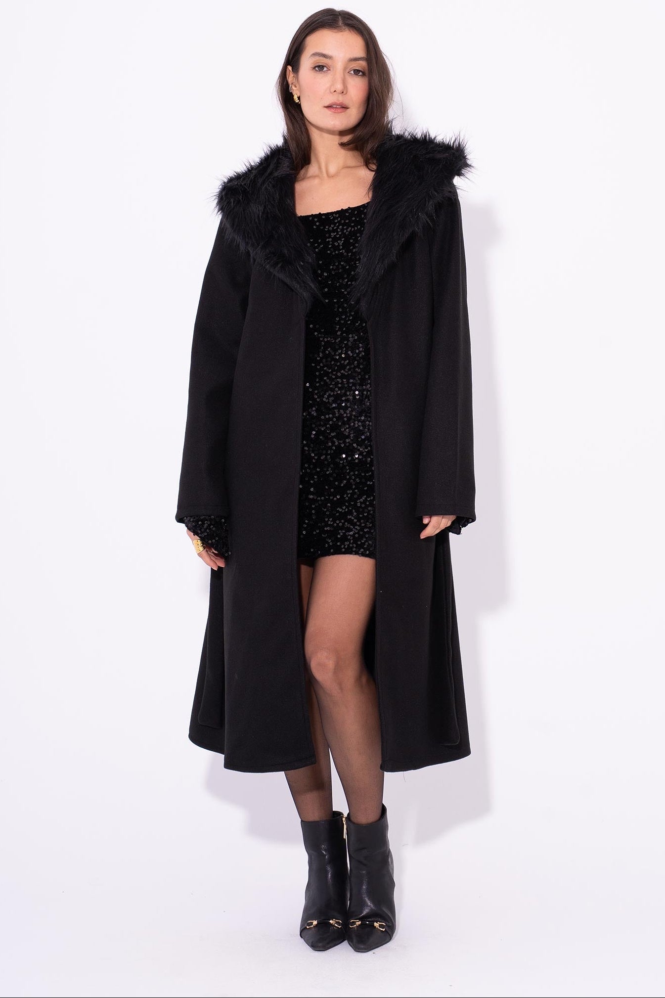 GlamFur Wool Coat - Black