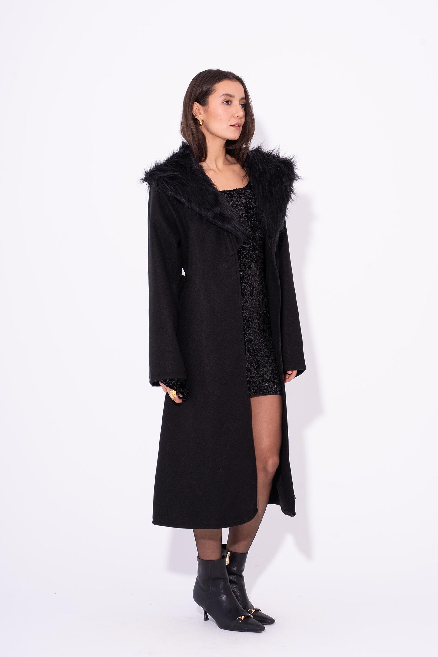 GlamFur Wool Coat - Black
