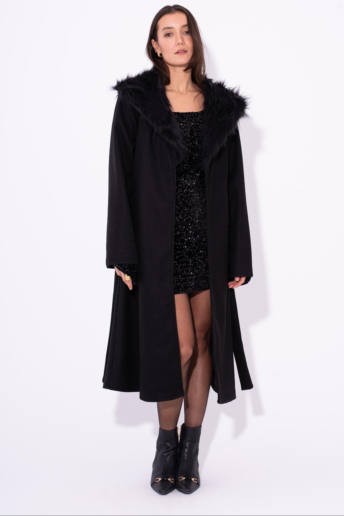 GlamFur Wool Coat - Black