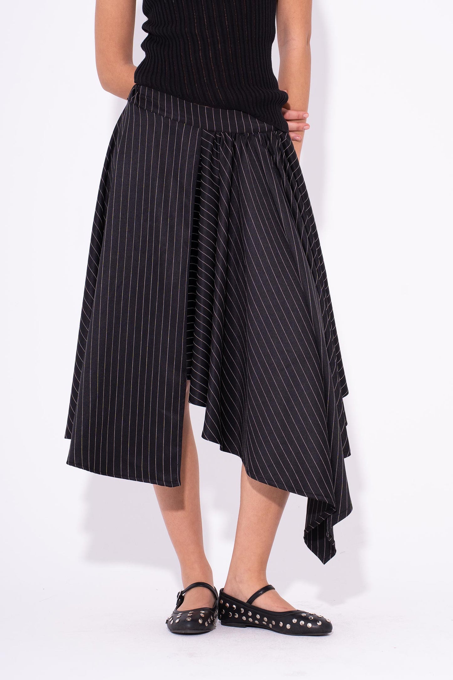 Asymmetrical Pinstripe Skirt - Black