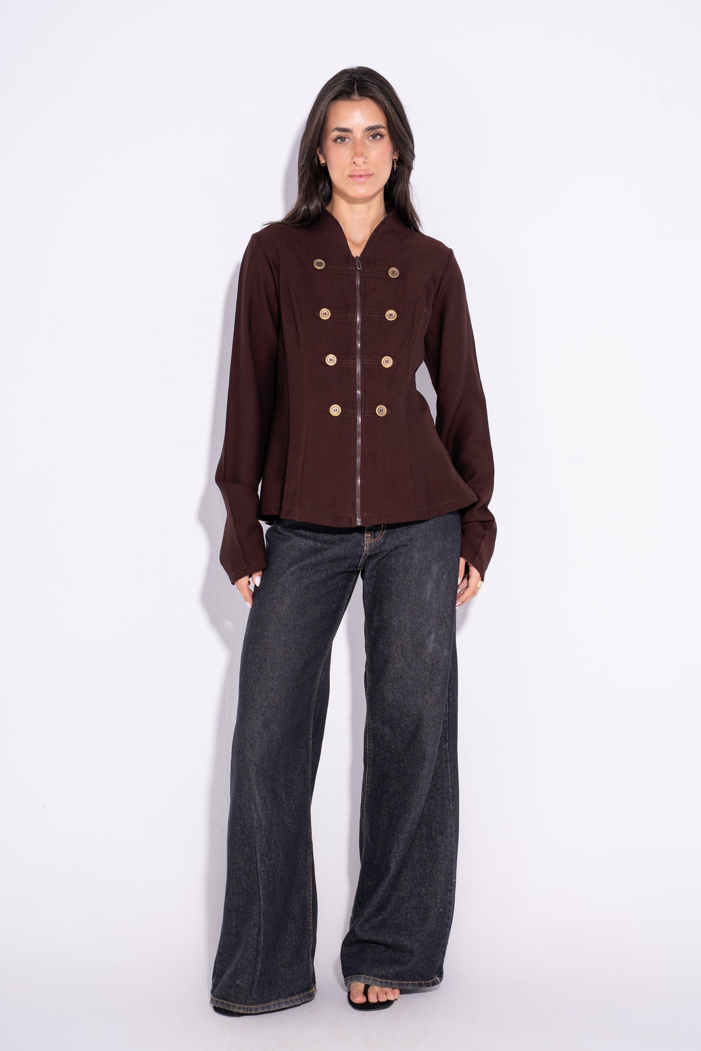 Double Breasted Long Sleeves Vest  - Brown