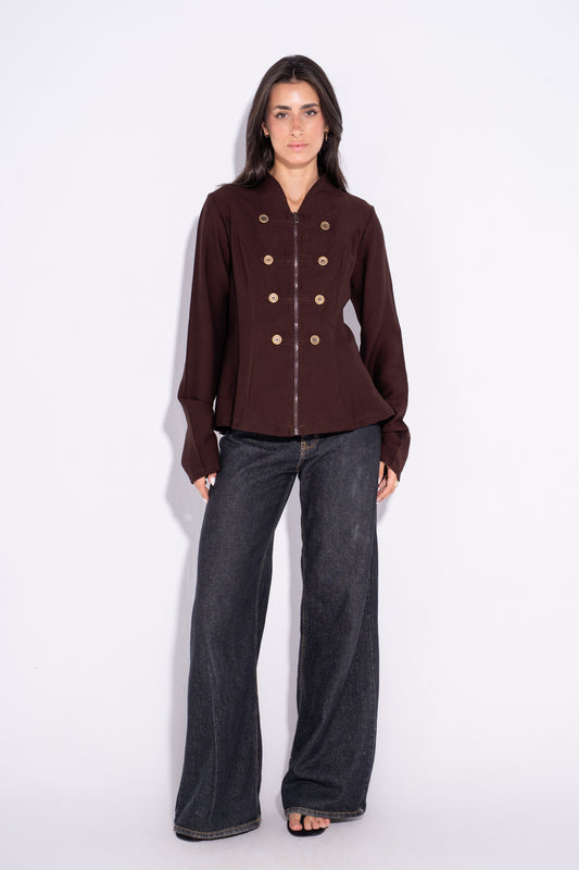 Double Breasted Long Sleeves Vest  - Brown