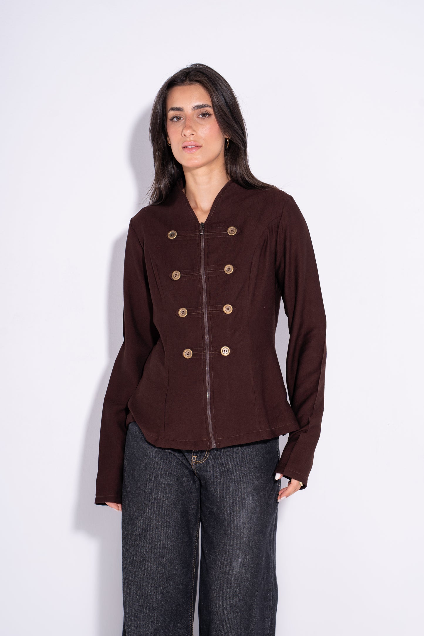 Double Breasted Long Sleeves Vest  - Brown