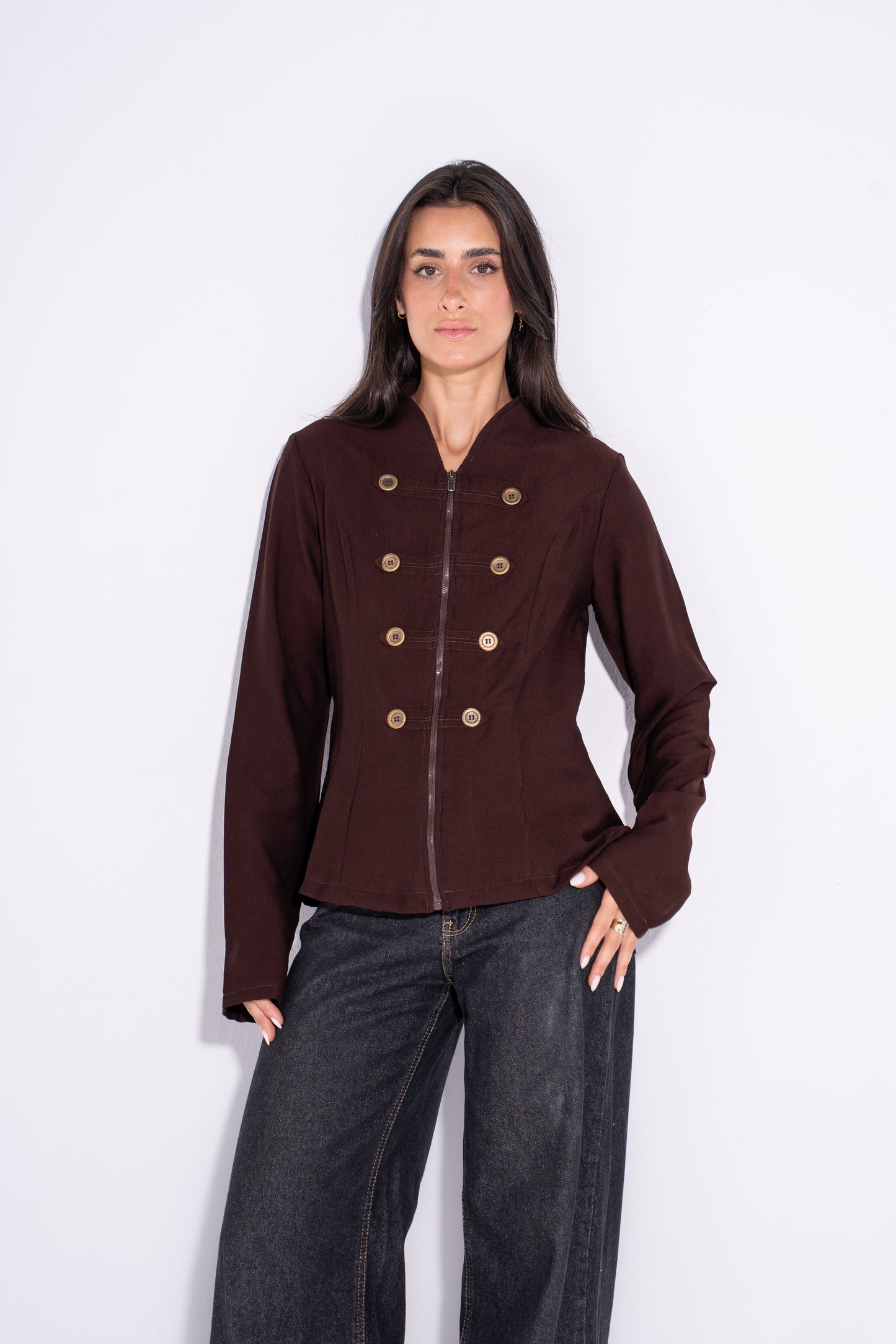 Double Breasted Long Sleeves Vest  - Brown