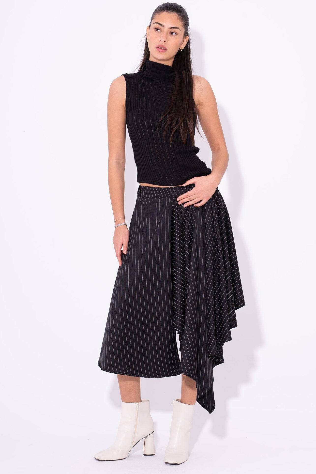 Asymmetrical Pinstripe Skirt - Black