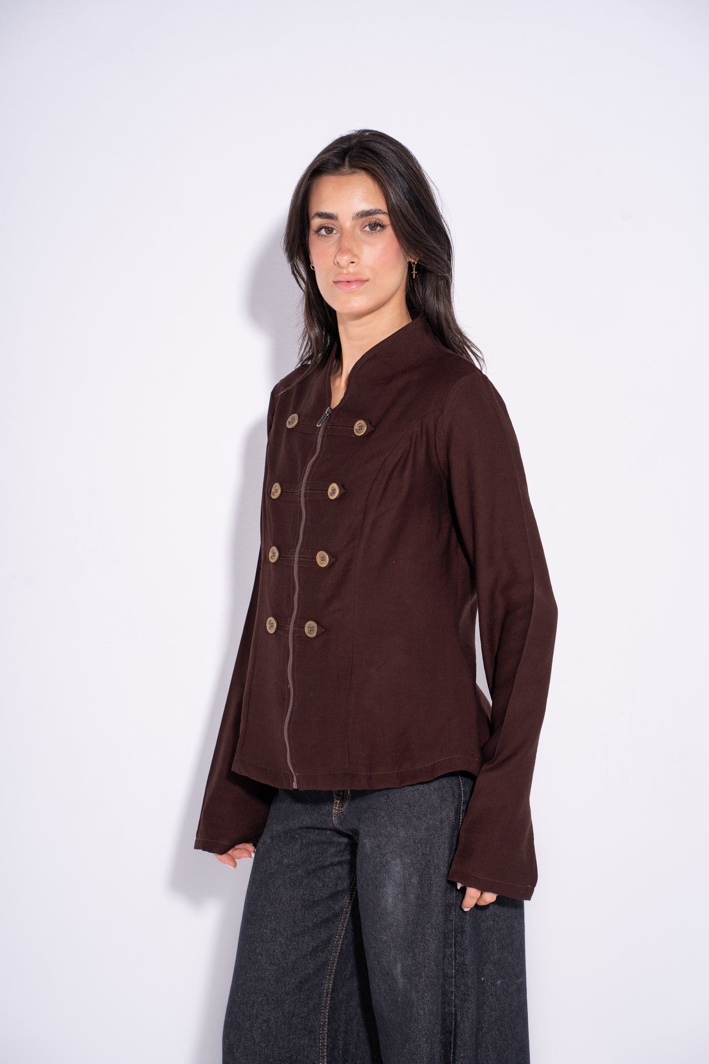 Double Breasted Long Sleeves Vest  - Brown
